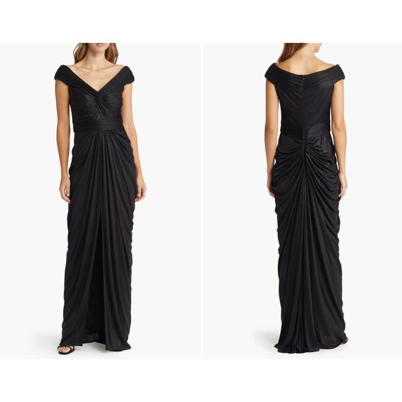 Tadashi Shoji Ellery Draped Metallic Jersey Gown in Black - Picture 1 of 7